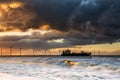 Big ship on North sea waves at sunrise Royalty Free Stock Photo