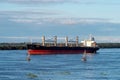 Big ship and sailing boats in Parana River, seen from the promenade in Rosario, Argentina