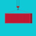 Big shipping container red loading via crane vector illustration, idea of freight equipment clipart isolated, flat