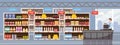 Big Shop Super Market Shopping Mall Interior store inside shelves with dairy products cashier cash desk. Cartoon Flat