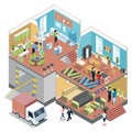 Big shopping center with interior of modern furniture shop. Vector isometric illustrations set