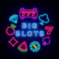 Big slots neon sign. Casino circle layout with icons. Jackpot concept. Gambling game. Vector illustration