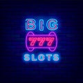 Big slots neon sign jackpot icon. Winner concept. Risk idea. Slot machine emblem. Vector stock illustration