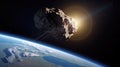 Big and small asteroids near planet Earth. Potentially hazardous asteroids (PHAs). Asteroids in outer space near Royalty Free Stock Photo