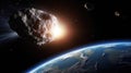 Big and small asteroids near planet Earth. Potentially hazardous asteroids (PHAs). Asteroids in outer space near