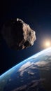 Big and small asteroids near planet Earth. Potentially hazardous asteroids (PHAs). Asteroids in outer space near