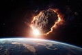 Big and small asteroids near planet Earth. Potentially hazardous asteroids (PHAs). Asteroids in outer space near