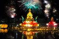 Big and small boats with candles and flowers are given for Thailands traditional Loy Krathong Festival Royalty Free Stock Photo