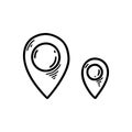 Big and small doodle location pin icons. Hand drawn sketch gps location marker. Travel navigation pointer