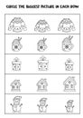 Big or small. Find the biggest picture in each row. Black and white worksheet
