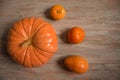 Big and small orange pumkins on the wooden boards.