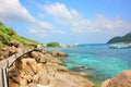 Big and small shape brown rock on beach with sea landscape nature background,copyspace