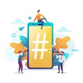 Big smartphone with hashtag sign, small people and social networks. Vector illustration. Colorful flat style