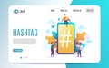 Big smartphone with hashtag sign, small people and social networks. Vector illustration.Colorful flat style