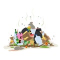 Big smelly pile of garbage. Bad smell trash. Waste recycling.Cartoon mouse or rat on top