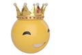 Big smile emoticon with golden crown on white background.3D illustration. Royalty Free Stock Photo