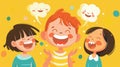 A big smile lights up a childs face as they tell a joke to their friends who are eagerly listening and chuckling