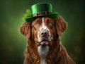 A big smiling cute dog in green shamrock costume sits on yellow background, St. patrick\'s day theme generative AI