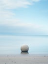 Big smooth stone in shallow water on the seaside. Smooth rock in a calm misty ocean. Peaceful meditative mood. Generative AI Royalty Free Stock Photo