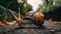Big snail in shell crawling on road, summer day in garden, generative ai
