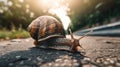 Big snail in shell crawling on road, summer day in garden, generative ai