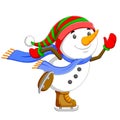 A big snowman is dancing and jumping with his brown ice skating shoes