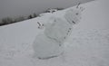 A big snowman has a sloping body that looks like he is falling, not limping, and has back pain. going away the winter is over. for