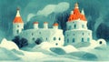 big snowy castle with orange top, roof, fairytale children book illustration, ai generated image Royalty Free Stock Photo