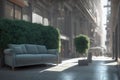 Big sofa on city street. Soft comfortable couch in middle of street. Concept of place of rest. Generative AI.