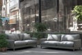 Big sofa on city street. Soft comfortable couch in middle of street. Concept of place of rest. Generative AI.