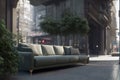 Big sofa on city street. Soft comfortable couch in middle of street. Concept of place of rest. Generative AI.