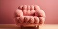 Big soft and fluffy woolen armchair in pink color standing over the pink wall on the background. Generative AI