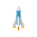 Big space rocket isolated on white background. Spaceship with nine engine fire. Flying spacecraft. Flat vector design