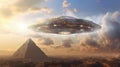 Big spaceship flying over pyramids, aliens and egyptian pyramids and UAP. Generative ai Royalty Free Stock Photo