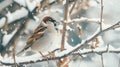 A big sparrows on snowy tree branches in winter