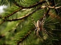 Big spider on a web, focusing on a spider in the pine tree