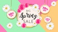 Big Spring sale banner template with camomiles and rose flower on geometric background and gold frame. Spring offer ads Royalty Free Stock Photo