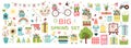 Big spring set. Vector garden tools, flowers. Flat design. Cute icons for a website, app or ad. Birds, plants, insects Royalty Free Stock Photo