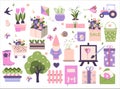 Big spring set. Vector garden tools, flowers. Flat design. Cute icons for a website, app or ad. Birds, plants, insects Royalty Free Stock Photo