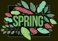 Big spring word surrounded by green fresh leaves of European forests vector flat style illustration on dark, beauty of nature