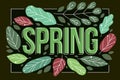 Big spring word surrounded by green fresh leaves of European forests vector flat style illustration on dark, beauty of nature