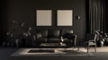 2 big square empty frames in a dark gloomy room in plain monochrome gray tones with sofa,chair,plant on a carpet. Black background