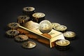 Big stack of Bitcoins and gold bar gold ingot. Bitcoin as a future gold Royalty Free Stock Photo