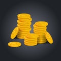 Big stack of golden coins on black background. Colorful glossy pile of money money realistic game asset. Vector stock illustration Royalty Free Stock Photo