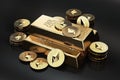 Big stack of golden Ethereum coins and gold bar gold ingot. Ethereum as a future gold Royalty Free Stock Photo