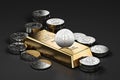 Big stack of golden Ethereum coins and gold bar gold ingot. Ethereum as a future gold