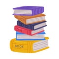 Big stack of hardback books with colorful covers. Textbooks pile, school education, bookstore, library, university