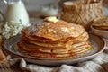 Big stack of homemade crepes or thin crepes with butter in rustic style Royalty Free Stock Photo