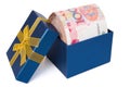 Big stack of RMB in a blue present box Royalty Free Stock Photo