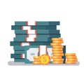 Big stacked pile of cash and some gold coins Royalty Free Stock Photo